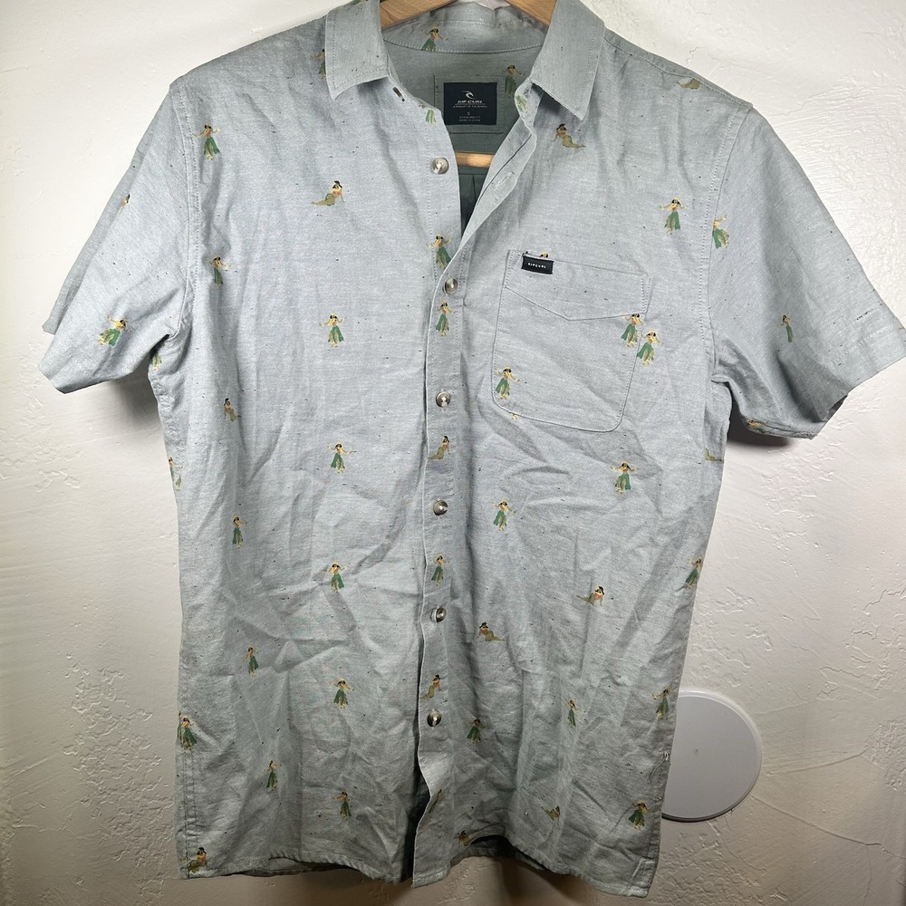 Rip Curl Size S Mens Short Sleeve Button Up Blue/Gray Hula Girls Beach Hawaii